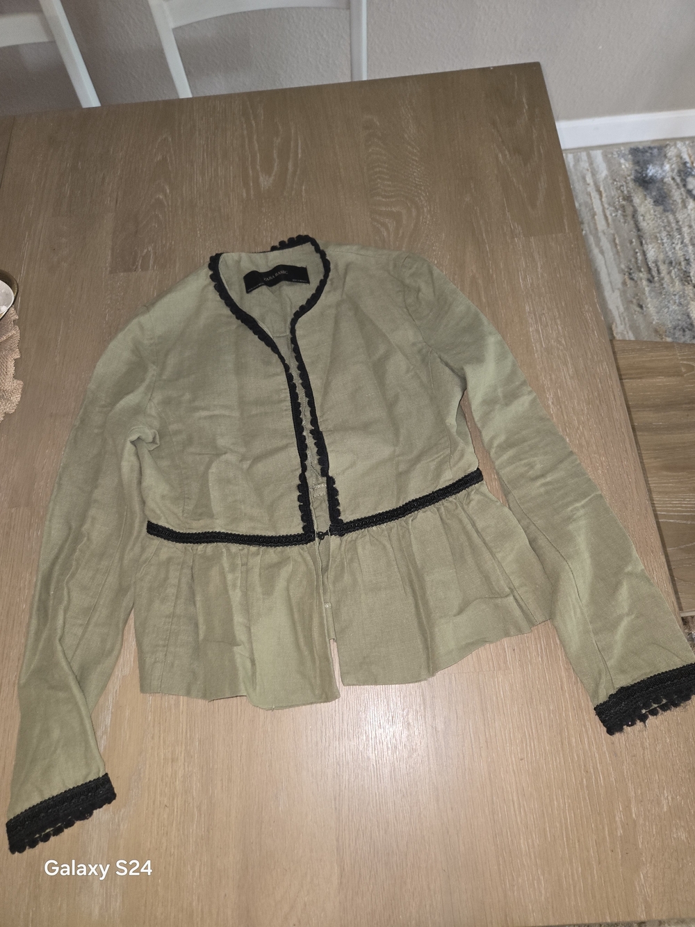 Zara Olive Green Linen Jacket with Black Trim Womens XS